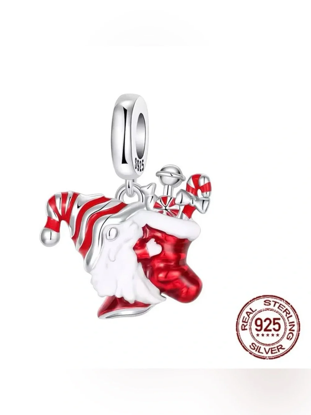 925 Santa Christmas Stocking Dangle Charm Red Enamel Holiday Gift